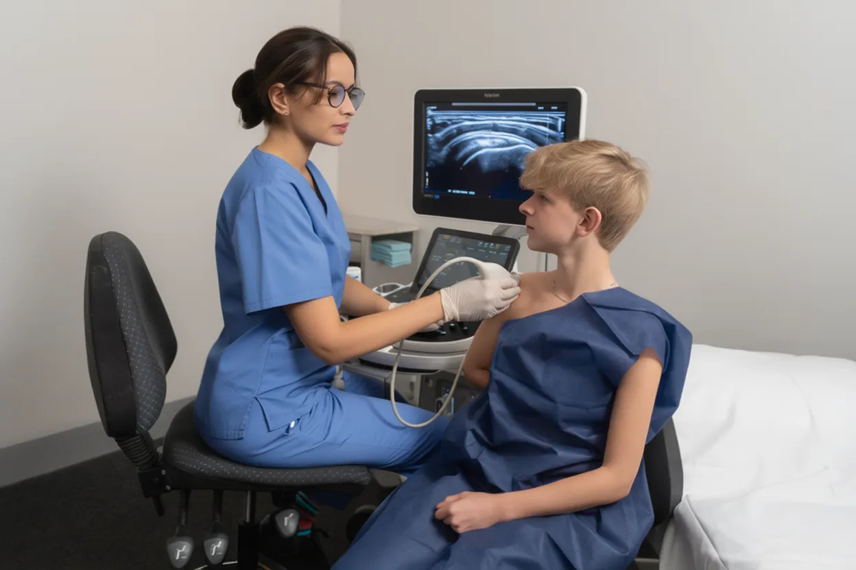 Sonographer performing an ultrasound scan in a modern clinic setting